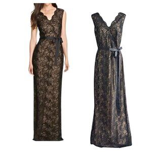 TADASHI SHOJI Black & Tan Velvet Burnout Art Nouveau/Deco Masquerade Gown Size 4